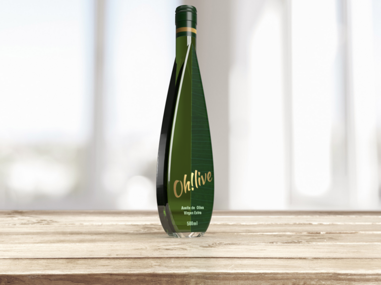 Packaging de aceite de oliva Oh!live 1 Botella de aceite de oliva. Packaging inspirado en hoja de olivo